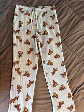 Women light blue and White & Brown Dog Print Pajama Pants fits like Large
